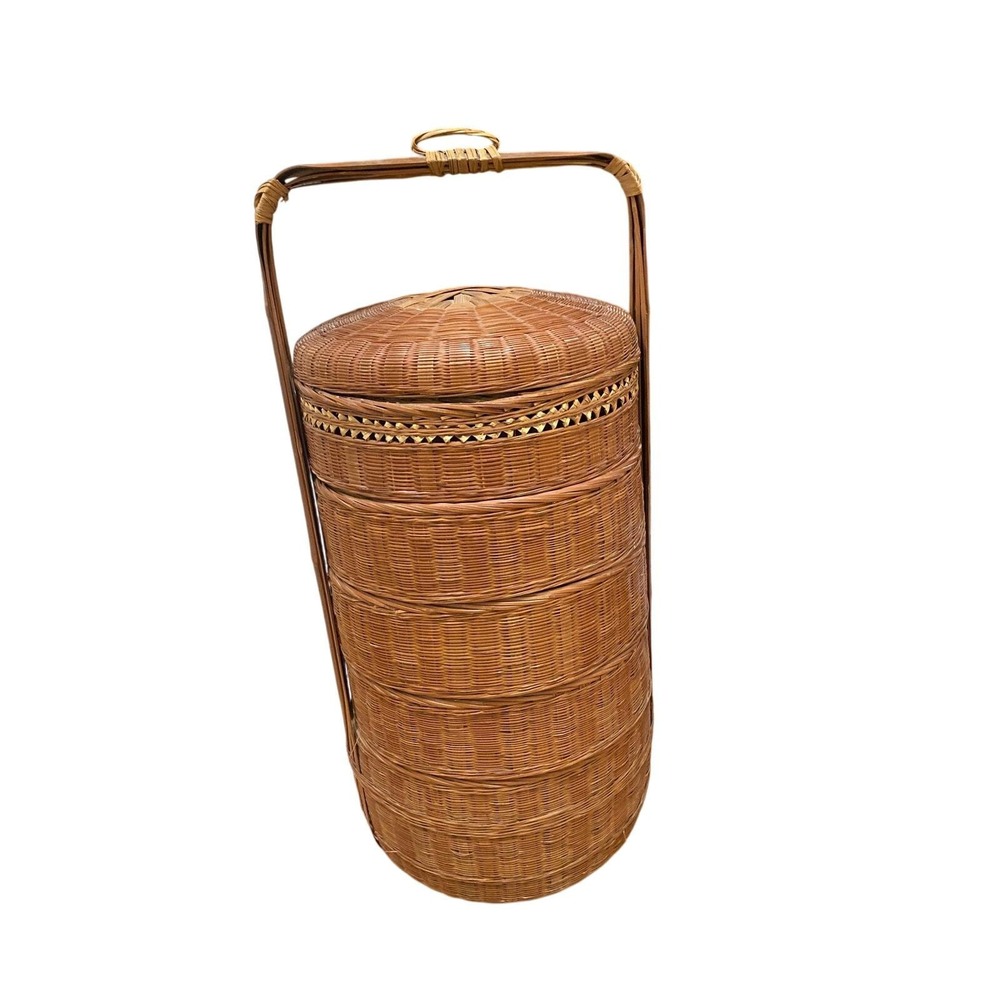 Vintage Chinese Wedding Basket 5 tier Wicker Bamboo‎ 31" Tall Stackable